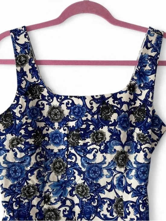 Premise Blue White Floral Damask Sheath Dress Size 4 NWT Belted Boho Career - Picture 1 of 8